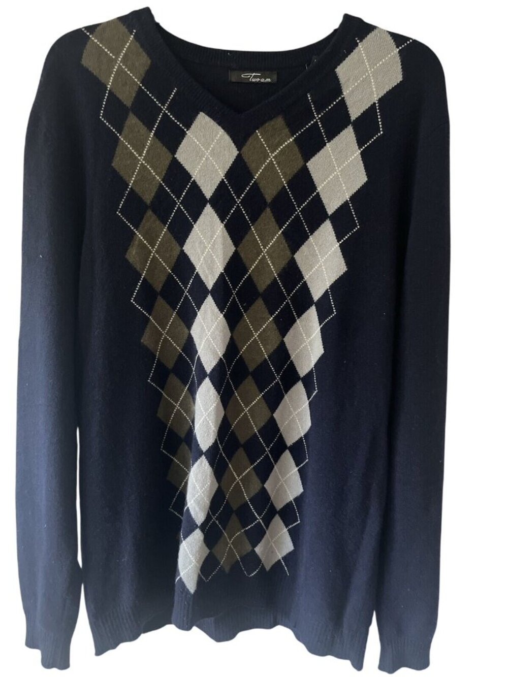 100% CASHMERE Navy Blue Argyle V Neck  mens sweater SZ L quiet luxury preppy